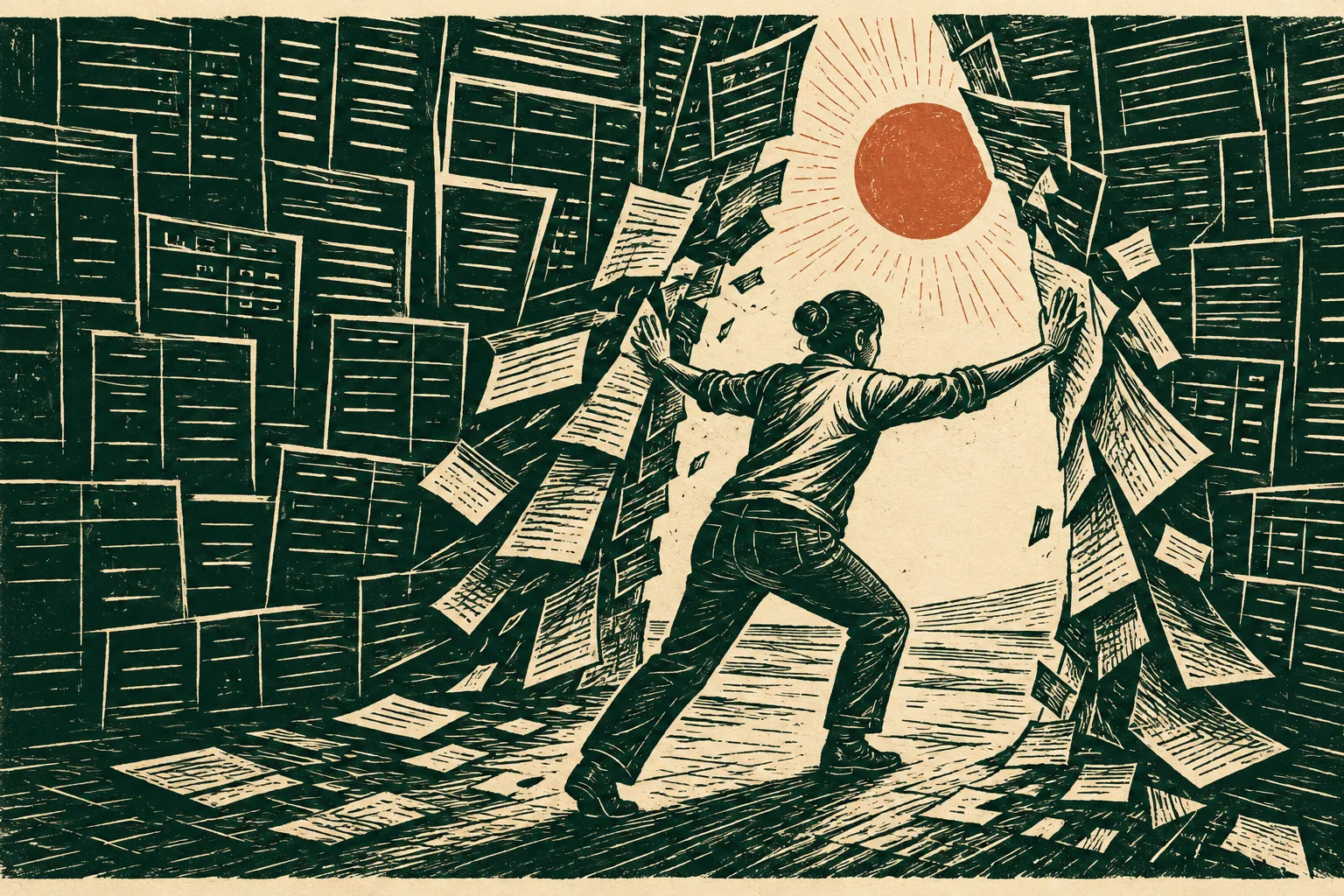 Linocut illustration of a person opening a path through a wall of credit-report pages