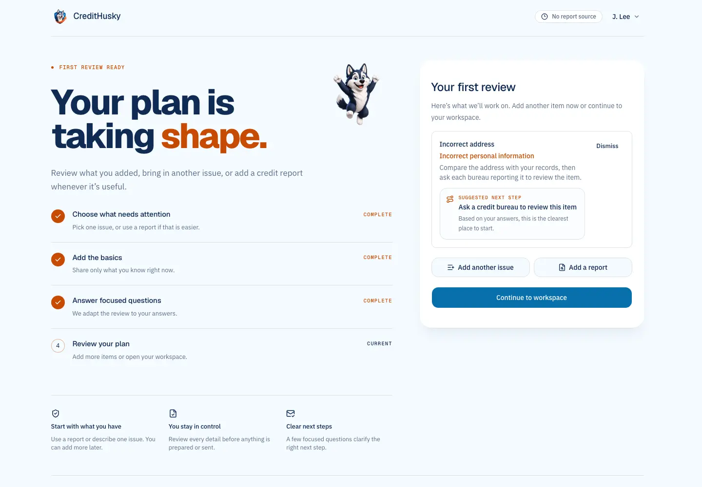 CreditHusky first-review screen showing a sample address issue and suggested next step