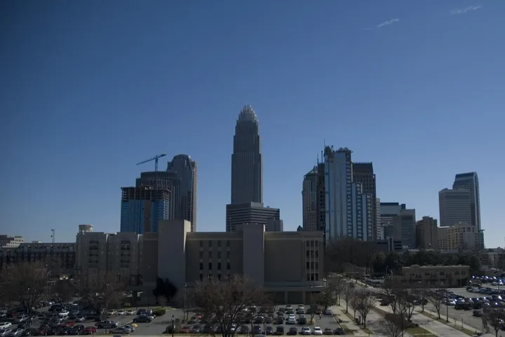 Charlotte skyline under a clear blue sky