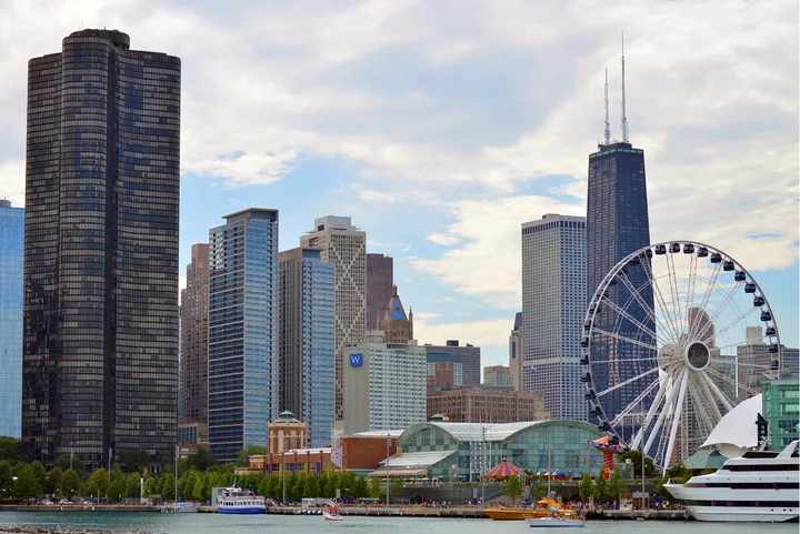 Chicago skyline and Navy Pier from Lake Michigan