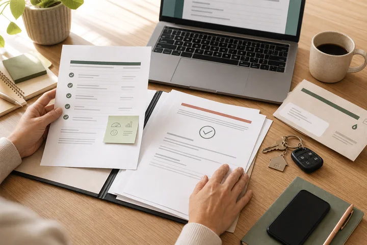 Application documents and credit checklist organized on a desk