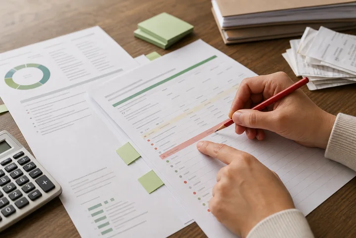 Anonymized credit report pages marked with a pencil during error review